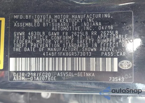 2016 Toyota Camry Le z USA, uszkodzony, nr VIN 4T4BF1FK8GR573013